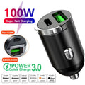 Car 100-200W Dual Port Mini USB Charger Ultra Fast Charging Cigarette Lighter Socket 12-24V Aluminum Cell Phone Charging Adapter
